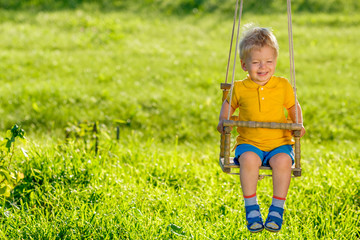 Rural scene with toddler boy swinging outdoors.