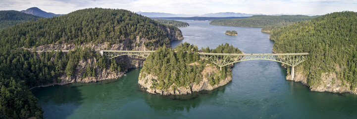 Aerial Panorama of Deception Pass Bridge in Washington State