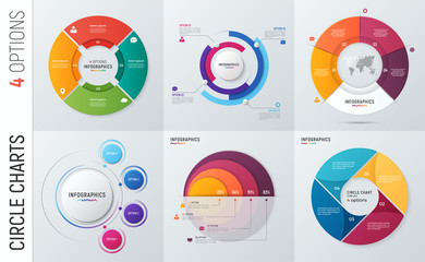 Collection of vector circle chart infographic templates for presentations, advertising, layouts, annual reports. 4 options, steps, parts.