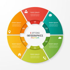 Vector circle chart infographic template for presentations, advertising, layouts, annual reports. 6 options, steps, parts.