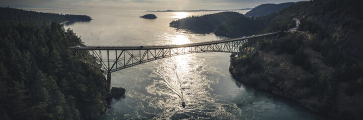 Stylized Fisheye Panorama of Deception Pass Bridge at Golden Hour