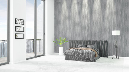 Brand new white loft bedroom minimal style interior design with copyspace wall and view out of window. 3D Rendering.