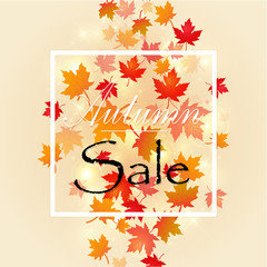 Hello, Autumn. Goodbye, Summer. Sale . Vector illustration on the background of autumn leaves. Autumn typographic illustration of handwritten. Hand Lettering print.
