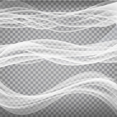 Abstract smooth wave vector set on transparent background. Vector special effects for your artwork. Curve flow white smoke motion illustration.