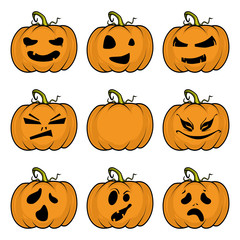Halloween pumpkins set, cartoon vector illustration