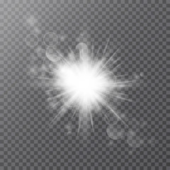 White glowing light burst explosion with transparent. Vector illustration for cool effect decoration with ray sparkles. Bright star. Transparent shine gradient glitter, bright flare. Glare texture.