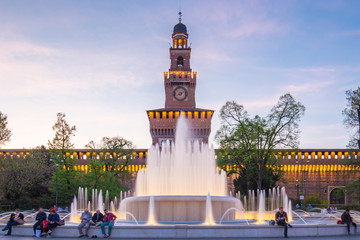 Fototapeta premium Sforza Castle with fountain in Milan, Italy