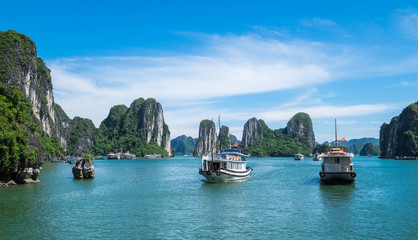 Tourist ferry boat in Halong Bay, the  Unesco world heritage site in Vietnem.