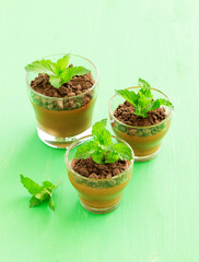 Chocolate peppermint mousse in glasses.