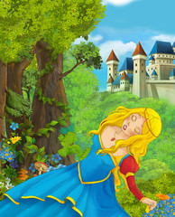 Obraz na płótnie Canvas Cartoon scene of beautiful princess in the forest fainting near castle in the background - illustration for children