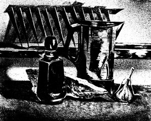 Fototapeta premium Still life with fish and a kettle.
