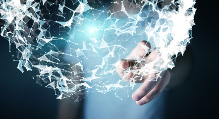 Businessman touching flying network connection 3D rendering