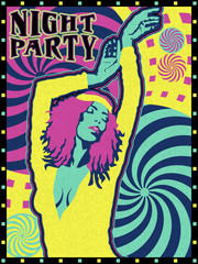 Night party poster design. Handmade drawing vector illustration. Vintage style. Pop art with psychedelic elements.