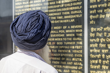 Indian Sikh with turban, reading sacred scriptures, New Delhi, India, in english and hindi in...