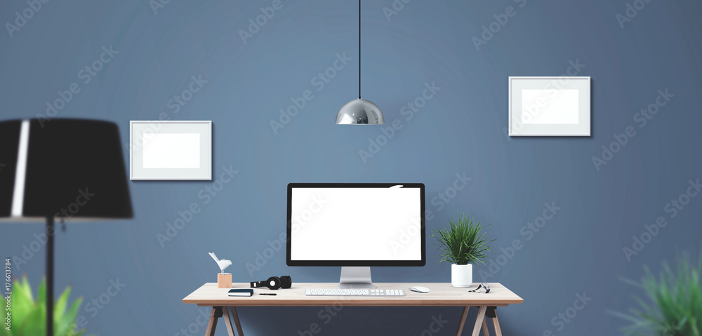 Wall mural computer display and office tools on desk. desktop computer screen isolated. modern creative workspa