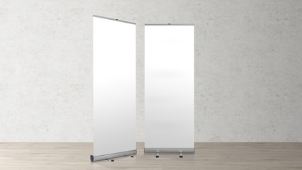 Roll up banners stand. Blank template mockup. Exhibition stand roll-up banners, isolated screens for you design.