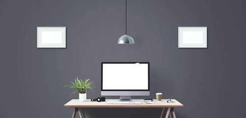 Computer display and office tools on desk. Desktop computer screen isolated. Modern creative workspace background. Front view