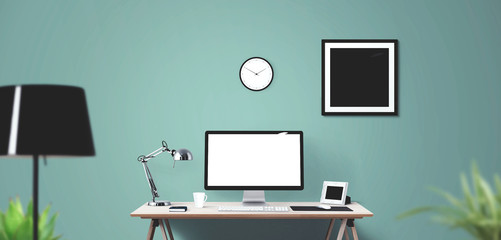 Computer display and office tools on desk. Desktop computer screen isolated. Modern creative workspace background. Front view