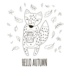 Lovely fox with the jar of jam in her paws. Handwriting inscription Hello autumn. Black and white vector illustration.
