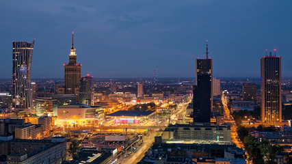 Aerial view of downtown Warsaw at night