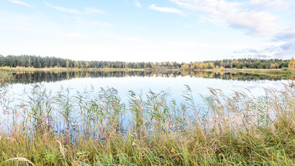 autumn colored trees on the shore of lake with reflections in water