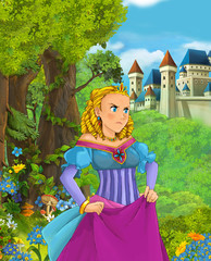 Obraz na płótnie Canvas Cartoon scene of beautiful princess in the forest near castle in the background - illustration for children