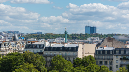      Paris, view of ile Saint-Louis, the Bastille statue and towers in background, modern and...