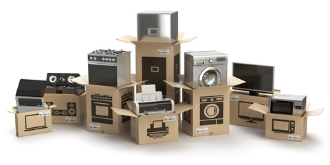 Household kitchen appliances and home electronics in boxes isolated on white. E-commerce, internet online shopping and delivery concept.
