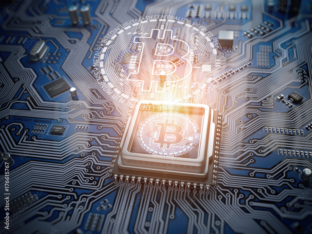 Poster Bitcoin hologram over CPU core and computer circuit board or motherboard. Cryptocurrency mining concept.