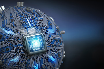 Circuit board system chip with core processor. Spherical computer motherboard with CPU. Futuristic computer technology background.