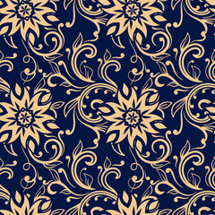 Floral ornaments. Golden blue seamless pattern