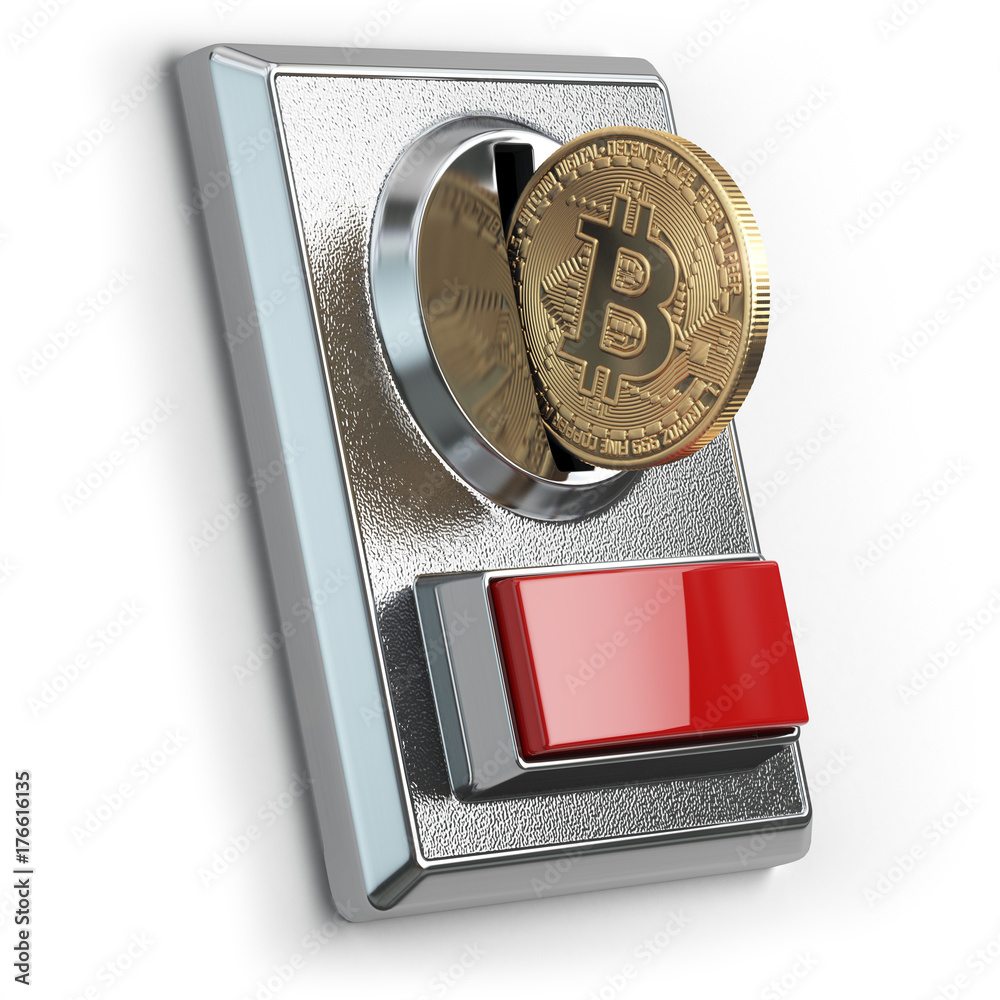 Poster pay by bitcoin concept. bitcoin coin and coin acceptor isolated on white.