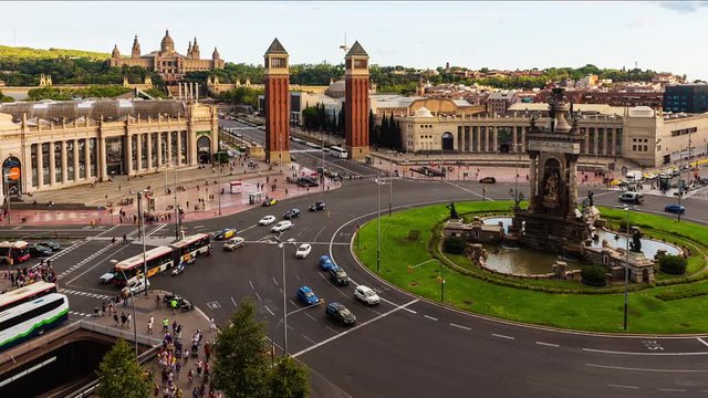 Timelapse with aerial view of Placa d'Espanya, iconic landmark in Barcelona, Catalonia, Spain. Panning shot