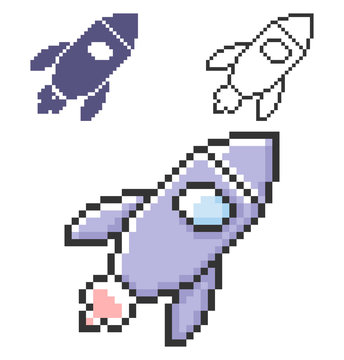 Pixel icon of space rocket in three variants. Fully editable