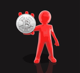 Silver bitcoin and man. Image with clipping path