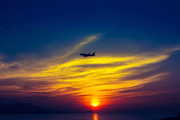 sunset  at the beach with airplane  at Koh Samui,Thailand
