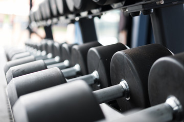 Fototapeta na wymiar Row of dumbbells in gym. Black dumbbell set in sport fitness center.