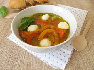 Selbst gemachte bunte Paprikasuppe mit Mozzarella