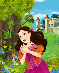 Cartoon scene of beautiful princess in the forest near castle in the background - illustration for children