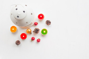 Christmas and Happy New Year decorations on white wooden background with copy space, Holidays concept
