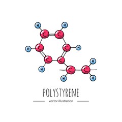 Hand drawn doodle Polystyrene chemical formula icon. Vector illustration. Cartoon molecule element. Sketch polymer molecular structure Styrofoam scientific formula isolated on white background Plastic