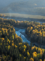 View of Hemu village in Autumn time, Xinjiang, China. The famous village for tourist