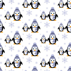 Penguins in a knitted hat. Snowfall. Seamless pattern. Vector. Flat.