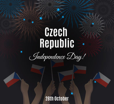 Czech Republic Independence Day placard, banner or greeting card. Vector illustration with Czech flags on young people hands and fireworks