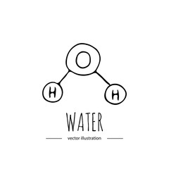 Hand drawn doodle Water chemical formula icon. Vector illustration. Cartoon molecule element. Sketch moisture molecular structure Scientific formula isolated on white background Symbol Biochemistry