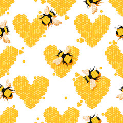 Honeycomb in the form of heart and bees. Natural background with insects and honey. Sweet background. 