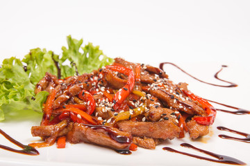 Pork in sweet and peppers,sour sauce, isolate, Japanese style meat