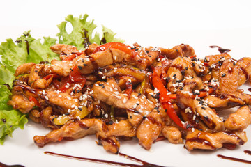 Pork in sweet and peppers,sour sauce, isolate, Japanese style meat