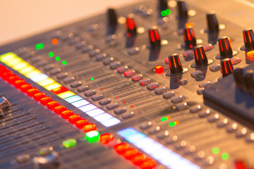 Fototapeta na wymiar Audio mixer control panel, sound recording studio