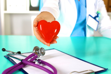 Female doctor with stethoscope holding heart. Doctor and patient sitting in the background